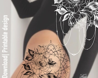 May include: Black and white line art tattoo design featuring a floral mandala with a large flower and smaller flowers. The design is suitable for a thigh tattoo.