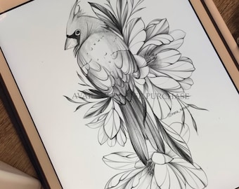 May include: A black and white pencil drawing of a cardinal bird perched on a branch of magnolia flowers. The drawing is detailed and realistic, with the bird's feathers and the flowers' petals rendered in fine lines.
