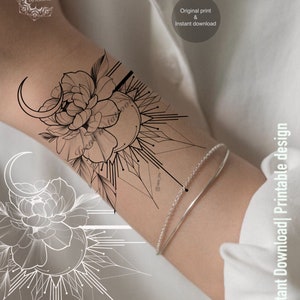 Moon with Sun Tattoo design | Floral Tattoo Design | Instant download | Original art | Printable stencil