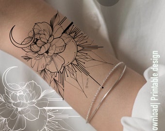 Moon with Sun Tattoo design | Floral Tattoo Design | Instant download | Original art | Printable stencil