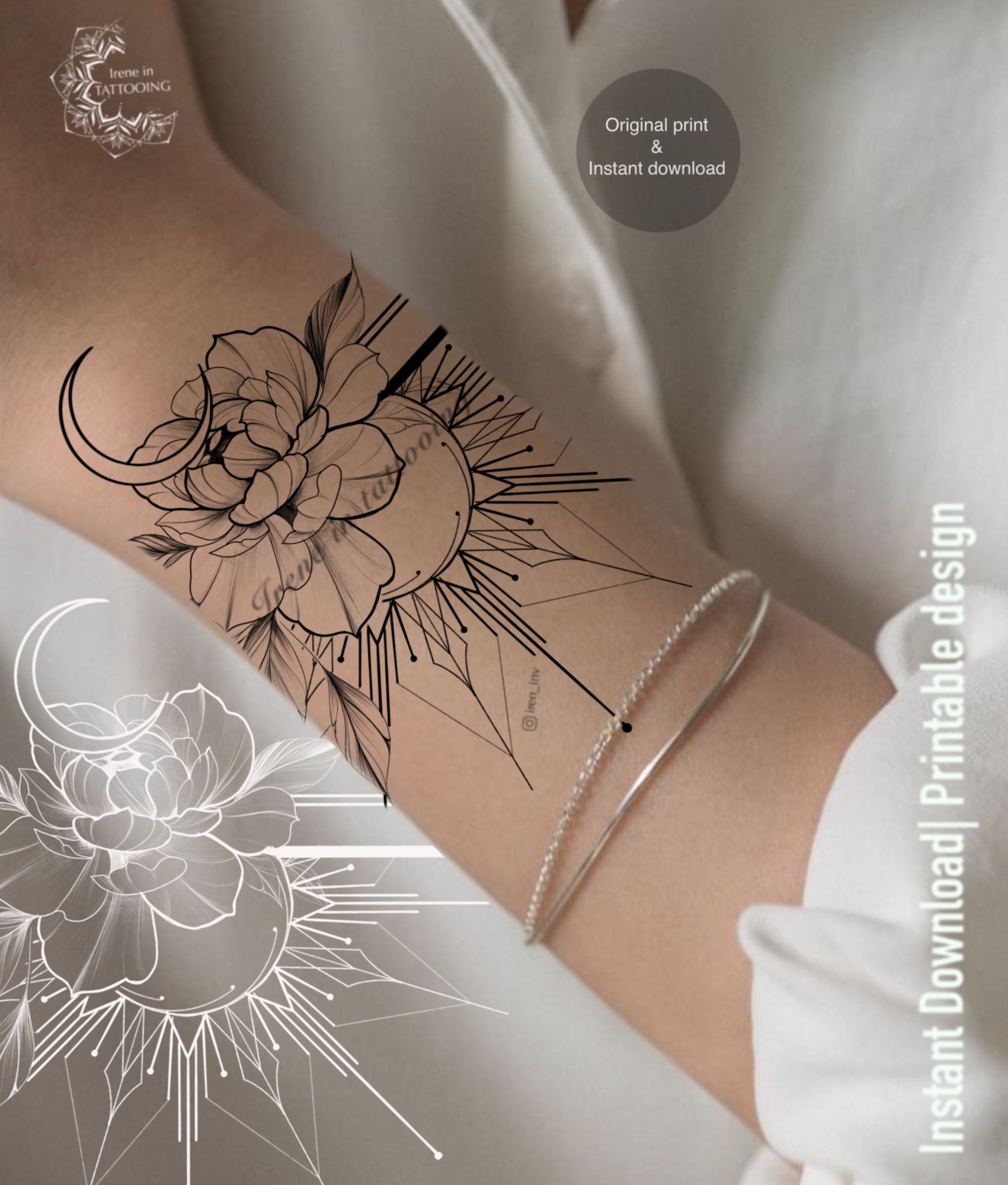 Moon With Sun Tattoo Design Floral Tattoo Design Instant Etsy Ireland