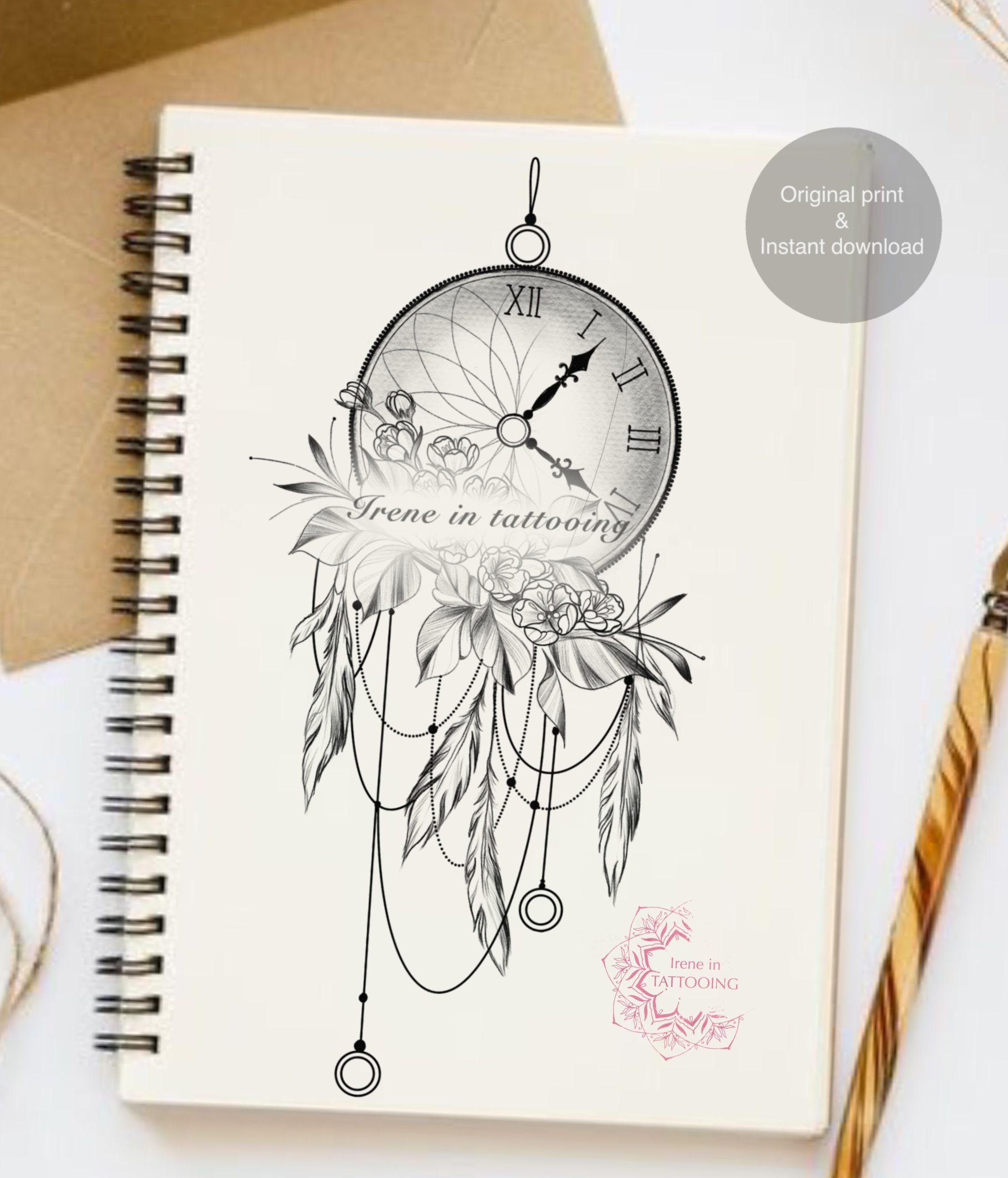 Clock & Dream catcher Tattoo design Instant download Etsy