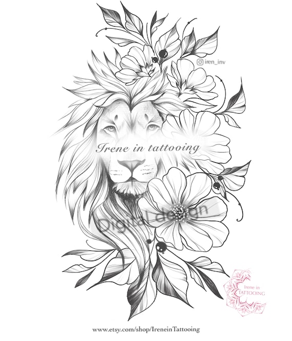 Lion & Flowers Tattoo Design Instant Download Original - Etsy Lion & Flowers Tattoo Design Instant Download Original - Etsy