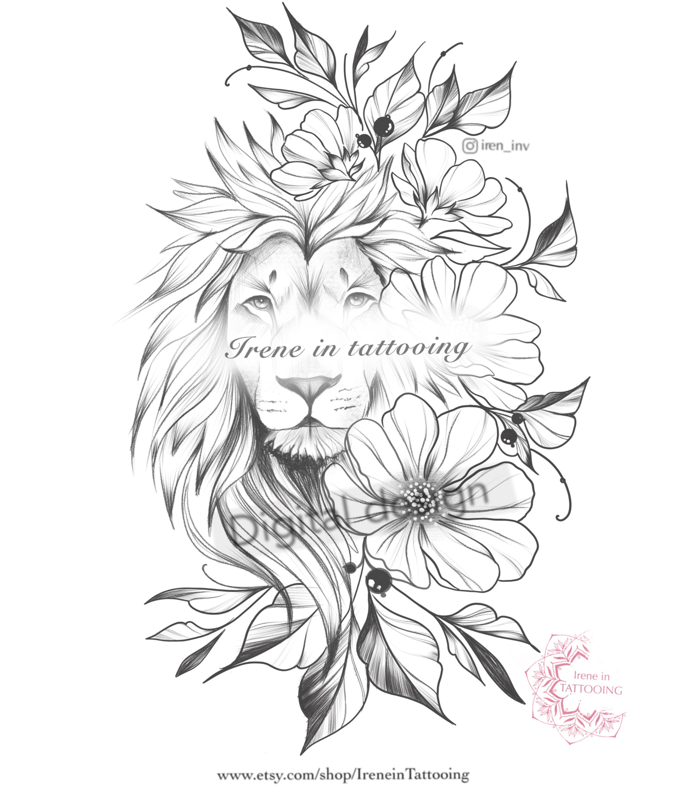 Lion & Flowers Tattoo Design Instant Download Original - Etsy
