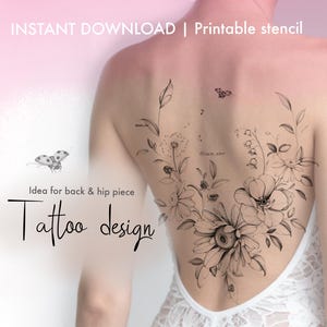 Floral Tattoo Design: Sunflower, lady bug , Raspberry, daisy, anemone, lily of valley  (Digital Download)  fine line for back, hip