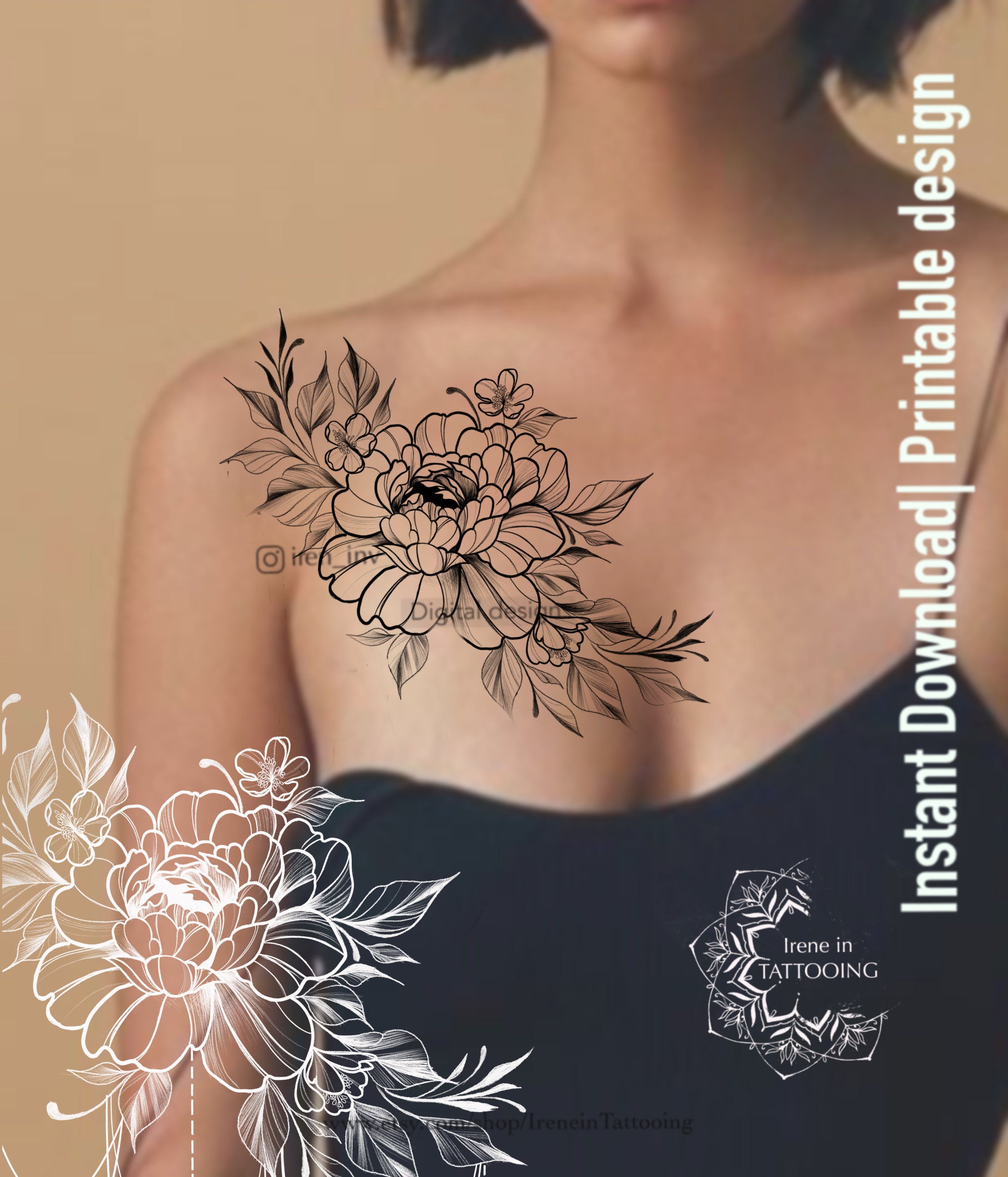 Peony Tattoo Stencil, Peony Tattoo Desig Graphic by tattooworker