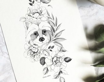 May include: Black and white illustration of a raccoon surrounded by flowers and leaves. The raccoon's face is centered, with detailed shading and expressive eyes. The floral elements include large, detailed blooms and delicate foliage.