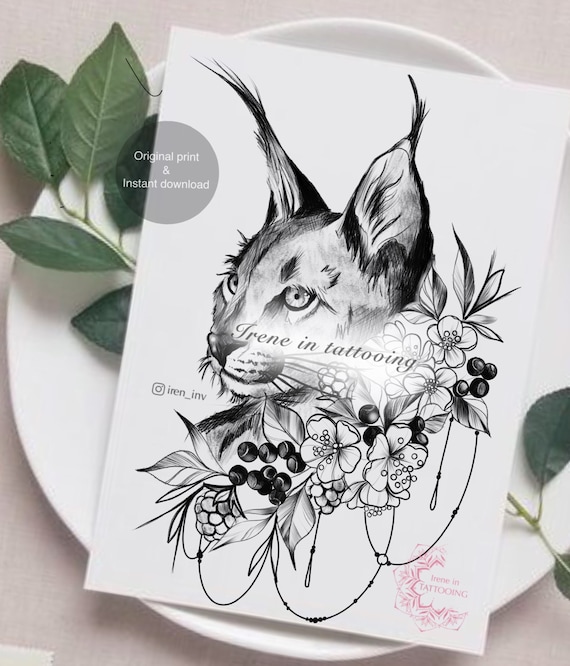 Tattoo Design Caracal Cat With Flowers Original Drawing Etsy Canada Tattoo Design Caracal Cat With Flowers Original Drawing Etsy Canada