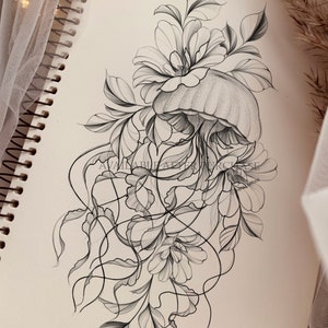 Qualle Tattoo Motiv | Magnolienblüten | Druckbare Schablone | Sofortdownload | Originalzeichnung