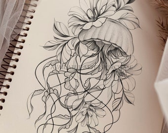 JellyfishTattoo design | Magnolia flowers | Printable stencil | Instant download | Original drawing