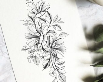May include: A black and white line drawing of a floral bouquet with large and small flowers. The flowers are drawn with intricate detail and have a delicate, feminine feel.