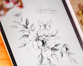 Butterfly tattoo | Instant download | Daisy peony flowers | Digital art | Tattoo design