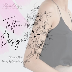 Kitsune Mask Tattoo Design  Peony camellia japonica  | Digital download | Printable stencil fineline style