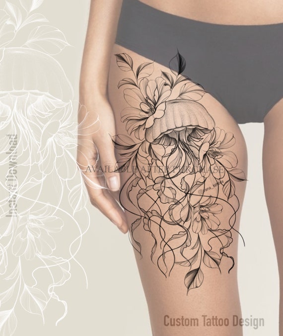Tattoo tagged with: blackw, jellyfish, leaf, leg, red | inked-app.com