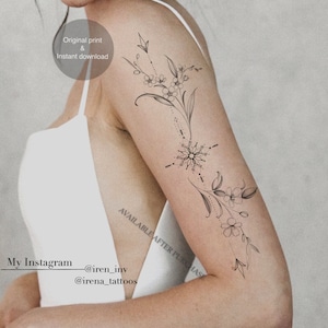 Digital Tattoo design | Ornament & Forget me nots, Myrtle branch | Instant download