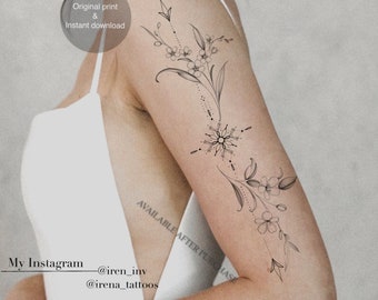 Digital Tattoo design | Ornament & Forget me nots, Myrtle branch | Instant download