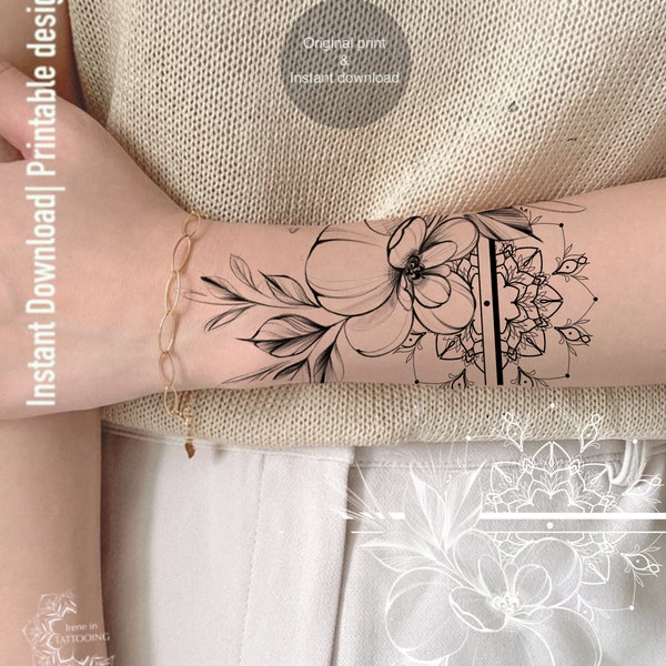 Tattoo design | Mandala Bracelet with flower | Digital design | Instant download | Printable stencil | Original work