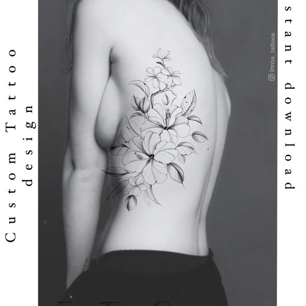 Hibiscus à la fleur de plumeria | Conception de tatouage | Téléchargement instantané | Pochoir imprimable