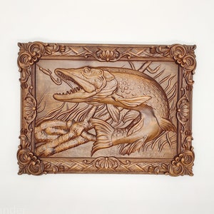 Fishing wall decor, Fishing decor art, Fisherman gift, Wooden Carver Panel, Wooden wall decor, carved wood wall art, gift for men