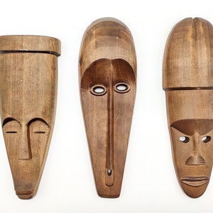 Set of 3 Wooden Tribal Masks – Unique Wall Decor with Natural Woodgrain Beauty
