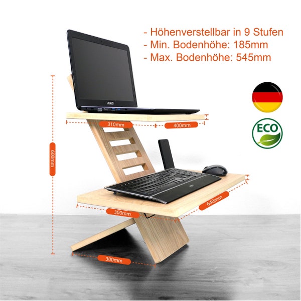 Stand Desk Medium Oak - Bureau debout pour ordinateur portable, bureau debout, agrandisseur d’ordinateur portable, bureau debout, bureau à domicile, support pour ordinateur portable, convertisseur de support de bureau