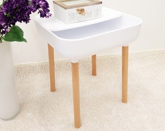 Table d'appoint Alva blanc | Table à tiroirs, salon, coussin amovible avec sortie de câble, cadre en bois massif, bords doux, moderne