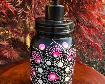 Hand Painted, Mandala Dot, Mason Jar with Pump