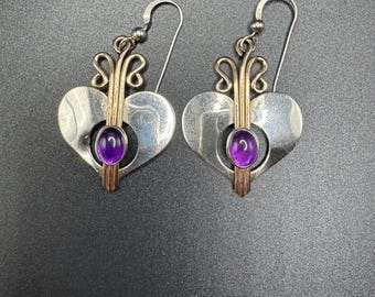 Sterling Heart Earrings with Gold Filled and Amethyst Stone Accent