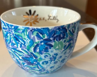 Lilly Pulitzer Blue Floral Pattern Gold Handle Ceramic Coffee Mug 12oz Cup