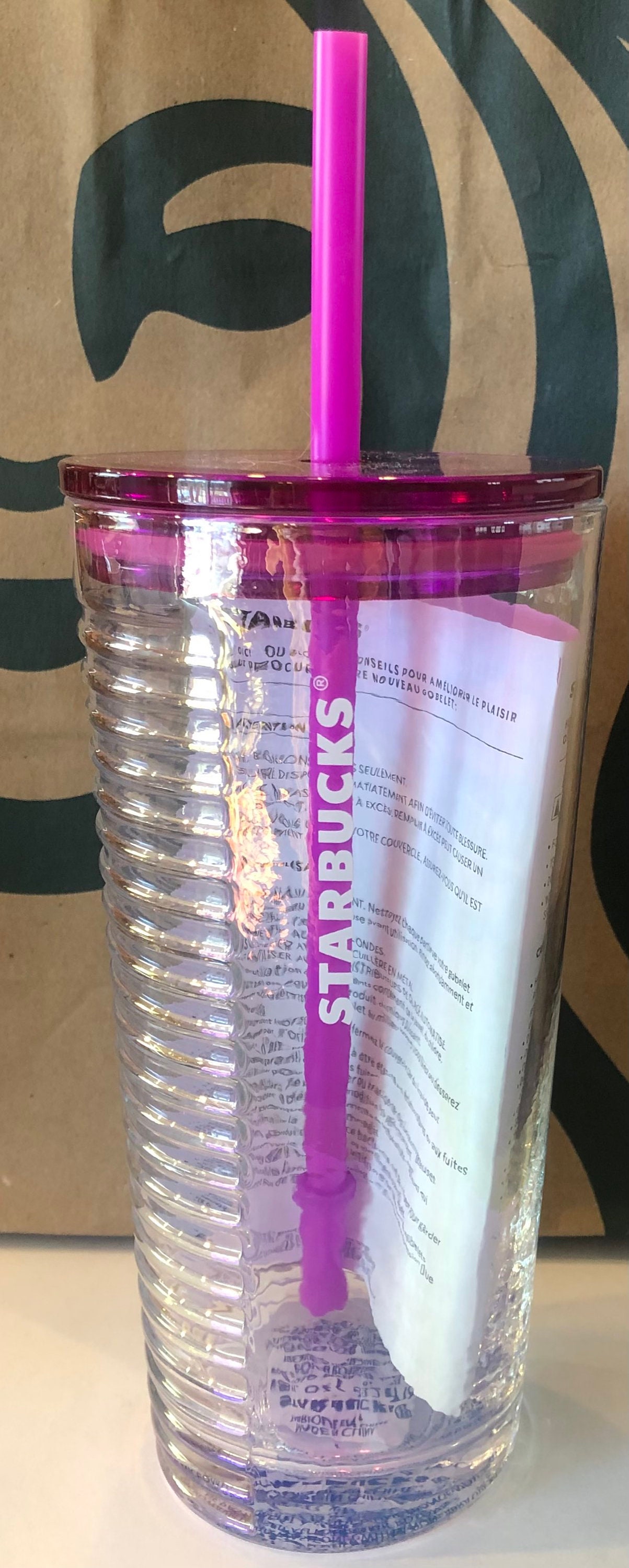 Starbucks New 2022 Clear Ribbed Glass Tumbler With Purple Lid And Straw