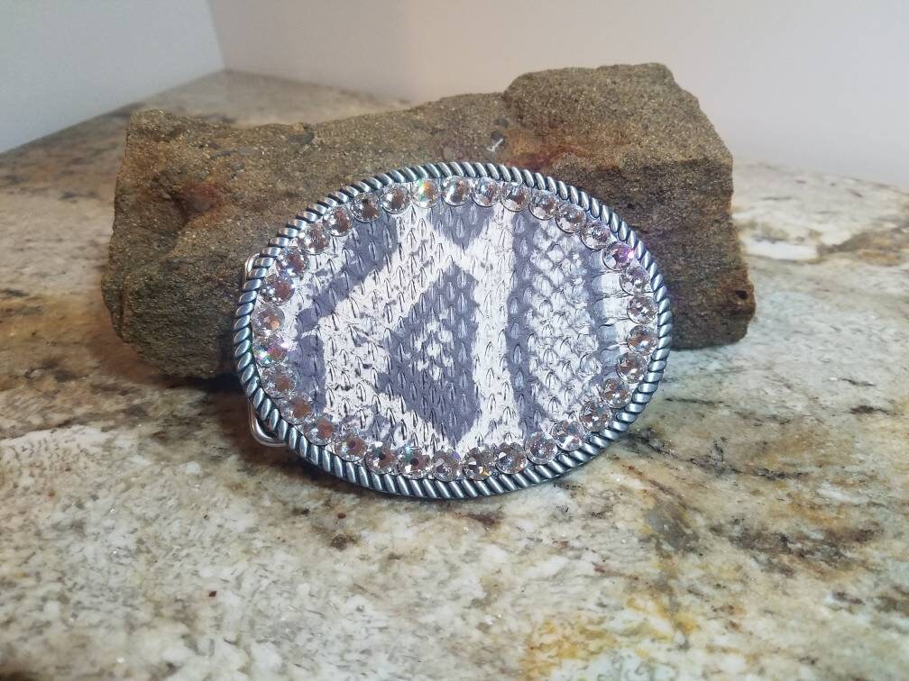 Handmade Snake Print Oval Brushed Silver Belt Buckle with Swarvoski Rhinestones Belt Buckle,exotic Snake, ,swarovski, Rhinestones - Etsy main image 3
