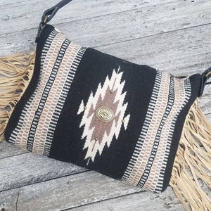 Fringed, Western Saddle Blanket, Western, Southwest, Leather, Navajo, Aztec, Vintage Bag, Purse