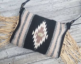 Fringed, Western Saddle Blanket, Western, Southwest, Leather, Navajo, Aztec, Vintage Bag, Purse