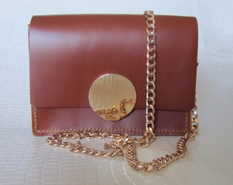 Elegant evening bag with large metal button, leather, mini bag, chain strap, clutch, purse, flap bag