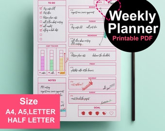 Weekly Planner Printable PDF/ Diary Calendar Page – One Week Organiser Journal (A4, A5, Letter, HalfLetter)