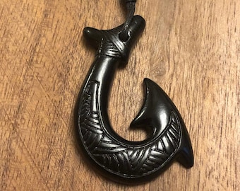Tribal Styled Polynesian Handcrafted Makau or Fish Hook Adjustable Bone and Resin Necklace