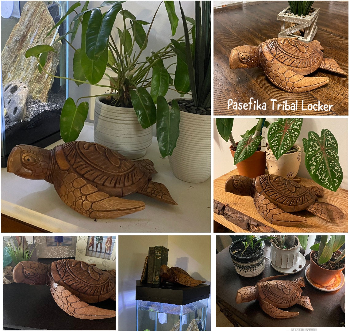 Tortue de mer peinte et sculptée main de Floride palmier fronde