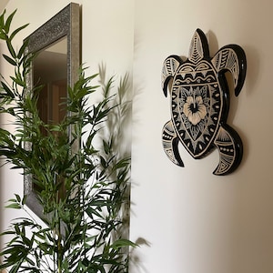 Gorgeous Solid Wood Plaque - Polynesian / Micronesian Hand Carved Sea Turtle and Hibiscus with Traditional Markings - Perfect for Any Room!