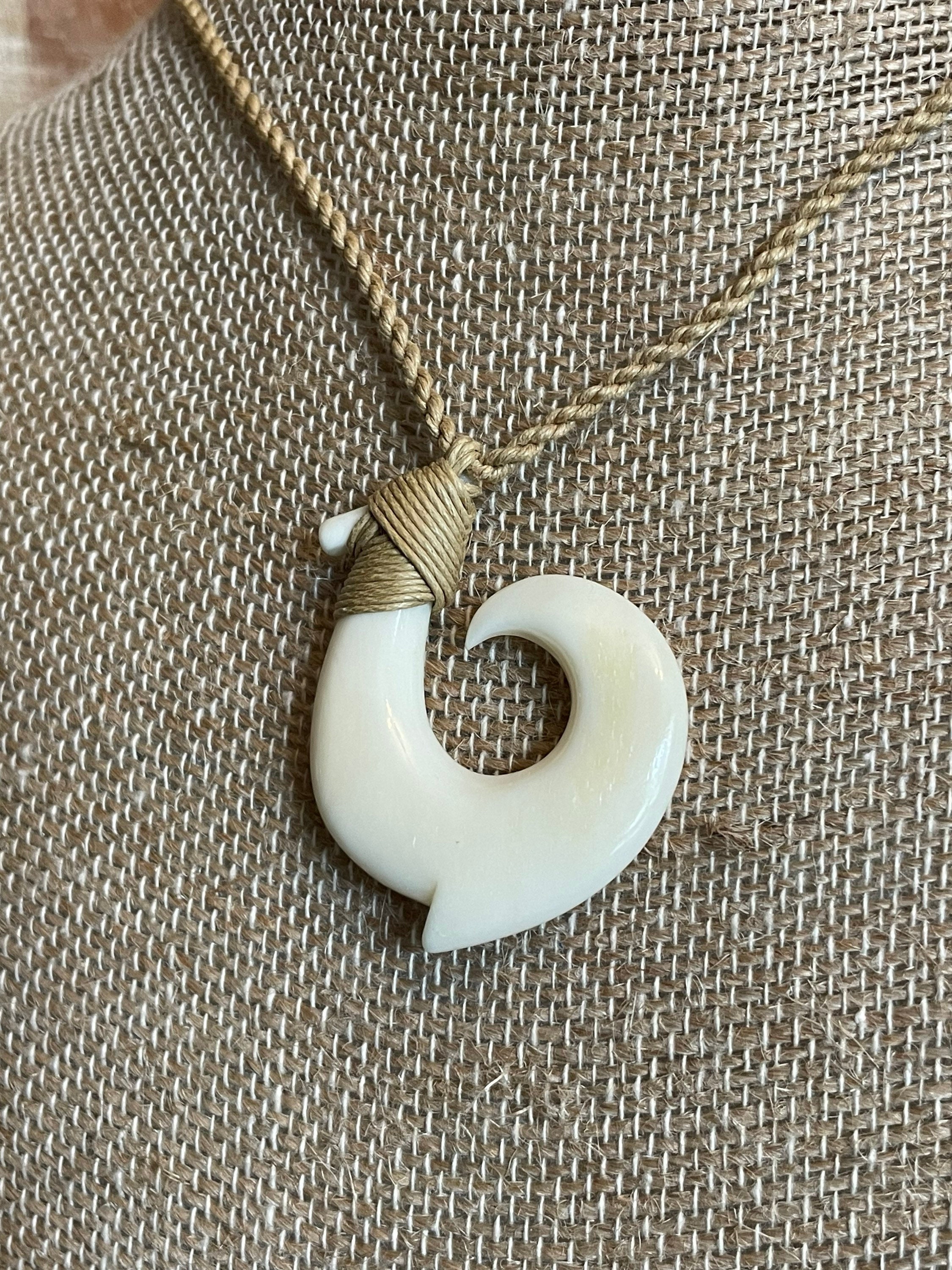 Smaller Solid Bone Hawaiian Makau or Polynesian Fish Hook Necklace - Adjustable Surfer Cord for Surfer or Boho Style