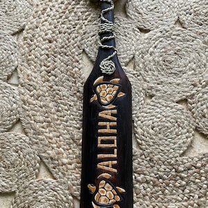 Hand Carved Solid Wood Hawaiian Paddle Wall Art- Aloha & Sea Turtles