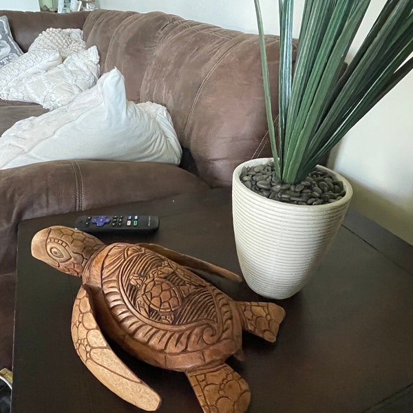 Absolutely Stunning 12” Long Solid Wood Hand Carved Sea Turtle Decor with Beautiful Dual Turtles Carved on the Turtle’s Back