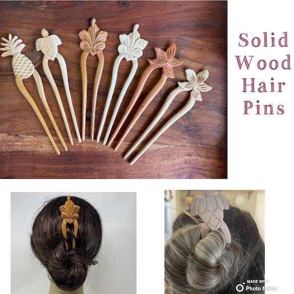 Gorgeous Timeless Hand-Carved Wooden Hairpins- 2 prong Polynesian Hair Forks: Turtle, Pineapple, Plumeria & Hibiscus Flowers