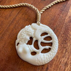 Stunning Polynesian Solid Hand Carved Buffalo Bone Mermaid Adjustable Necklace