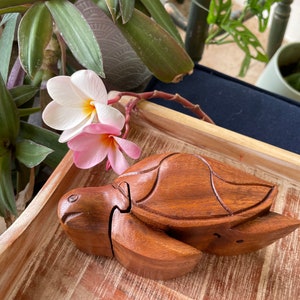 May include: A handcrafted wooden turtle puzzle in a warm brown hue, resting on a light-colored wooden tray. The turtle's shell and body are intricately carved. A sprig of pink and white flowers adds a touch of color. The background includes greenery.