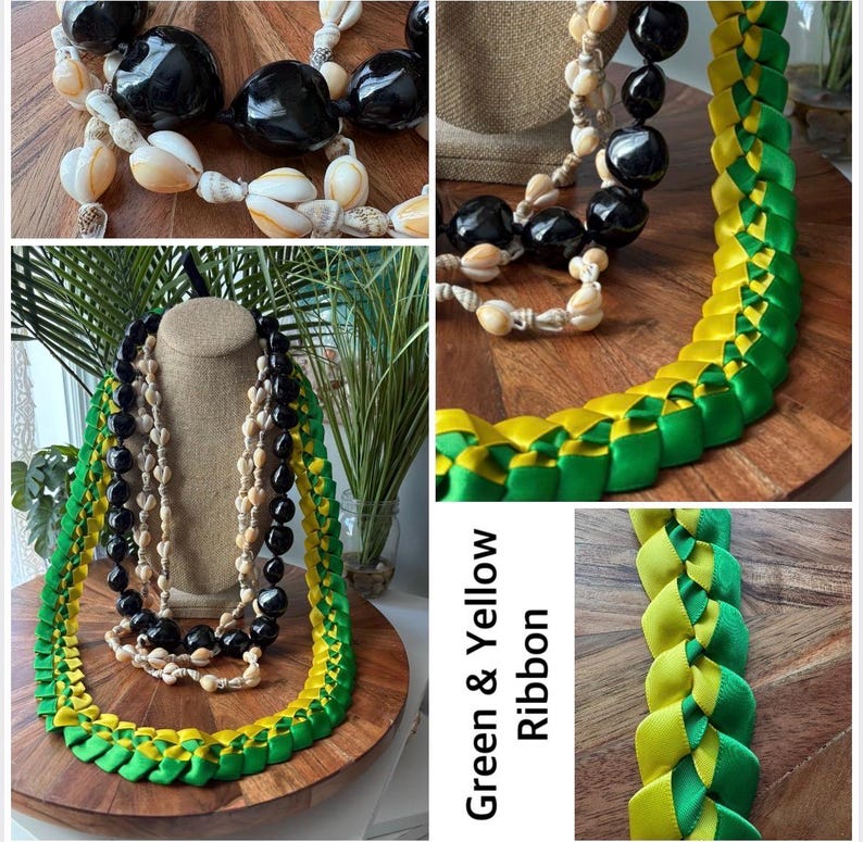 Shell Ribbon Lei Hand Woven Ribbon Lei With Kukui Nut & Cowrie Shells - Etsy