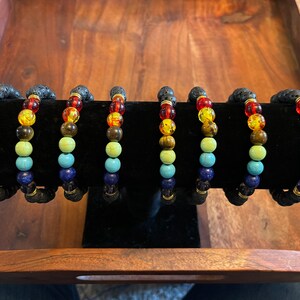Chakra Healing Beads - Lava Bead Elastic Bracelet withPopular Glass Chakra Beads