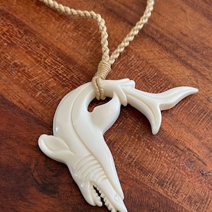 Stunning Solid Buffalo Bone Hand Carved SHARK - Finely Detailed Pendant on Genuine Polynesian Surfer Cord - Perfect Gift for Shark Lovers