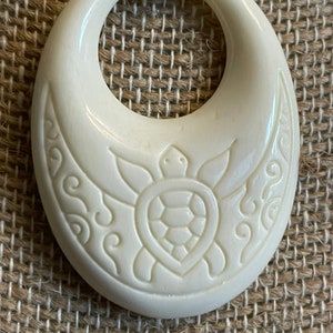Solid Bone Handcarved Pendant with Sea Turtle, Honu, Engraved - Polynesian Beachy Boho Adjustable Necklace