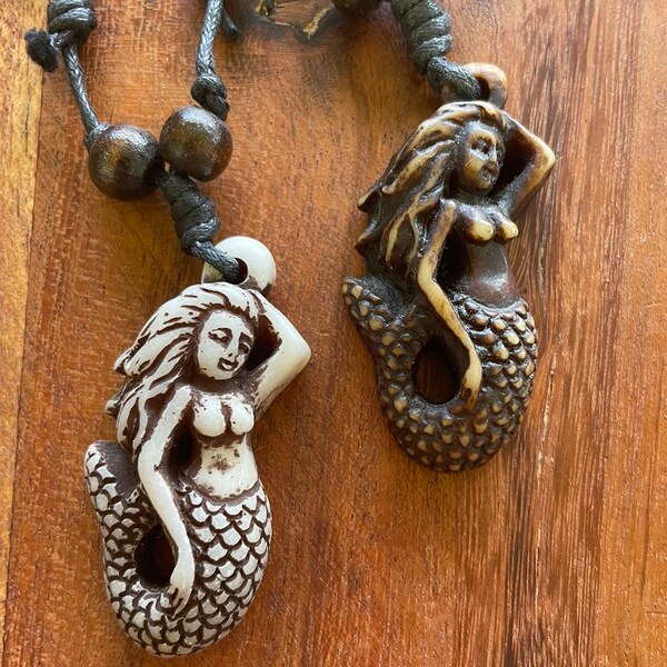 Whimsical Bone & Resin Mermaid Pendant Adjustable Necklace to either be Worn or used as Decor