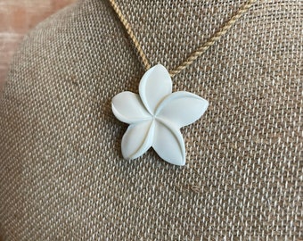 Hand-Carved Solid Bone Beautiful Plumeria Necklace on Adjustable Surfer Cord - Traditional Hawaiian/Polynesian Style